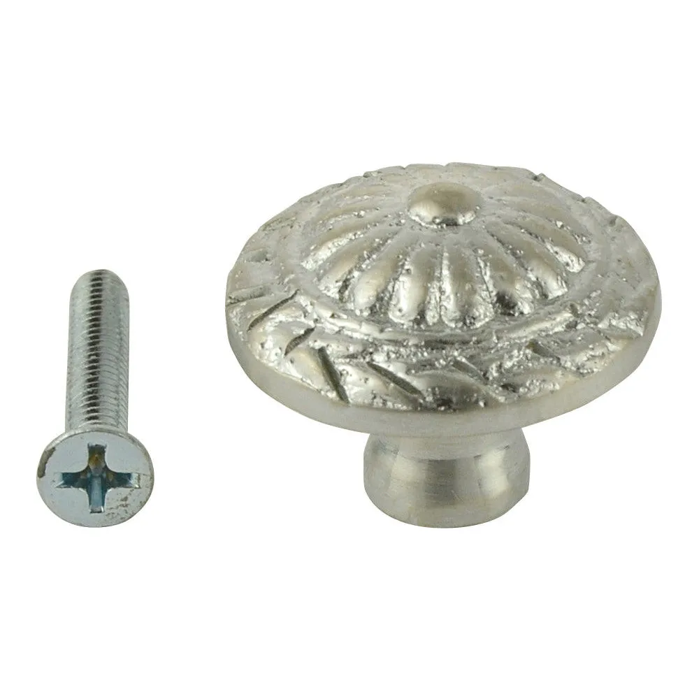 1 1/10 Inch Ornate Round Solid Brass Knob (Brushed Nickel Finish)