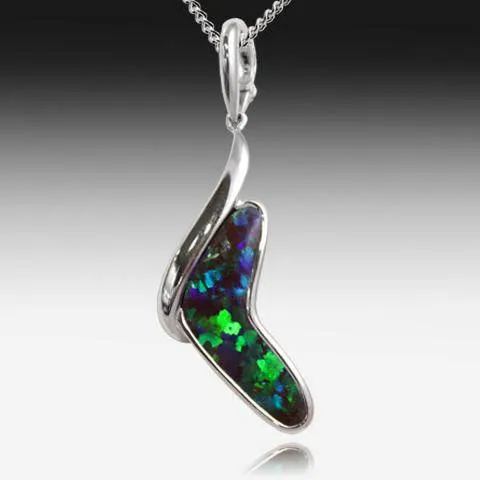 18KT WHITE GOLD BOULDER OPAL BOOMERANG PENDANT