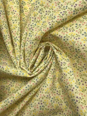 2 YD Poly/Cotton - Yellow with Small Pink, Yellow, Blue and Purple Tulips