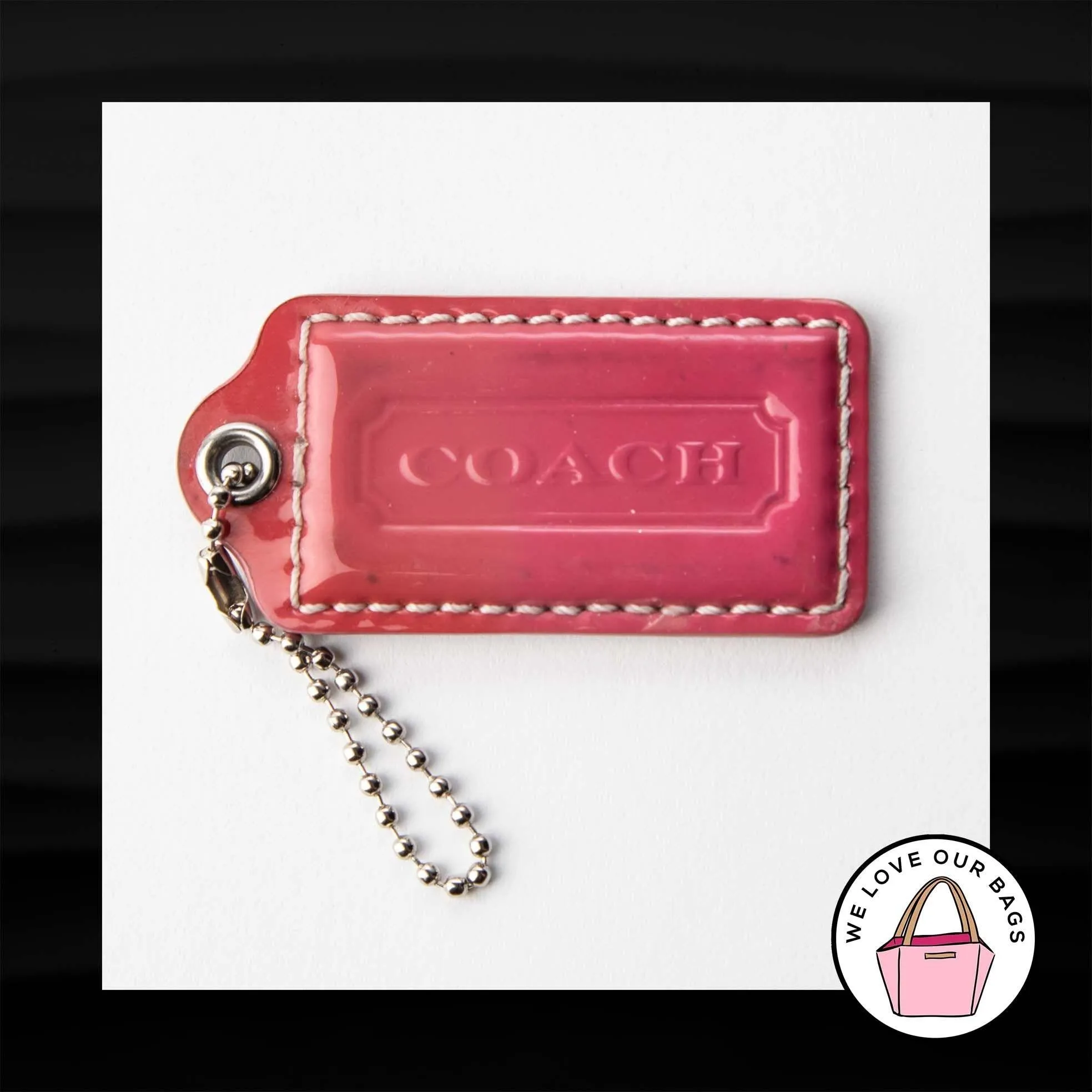 2.5" Large COACH PINK SILVER PATENT LEATHER KEY FOB BAG CHARM KEYCHAIN HANGTAG