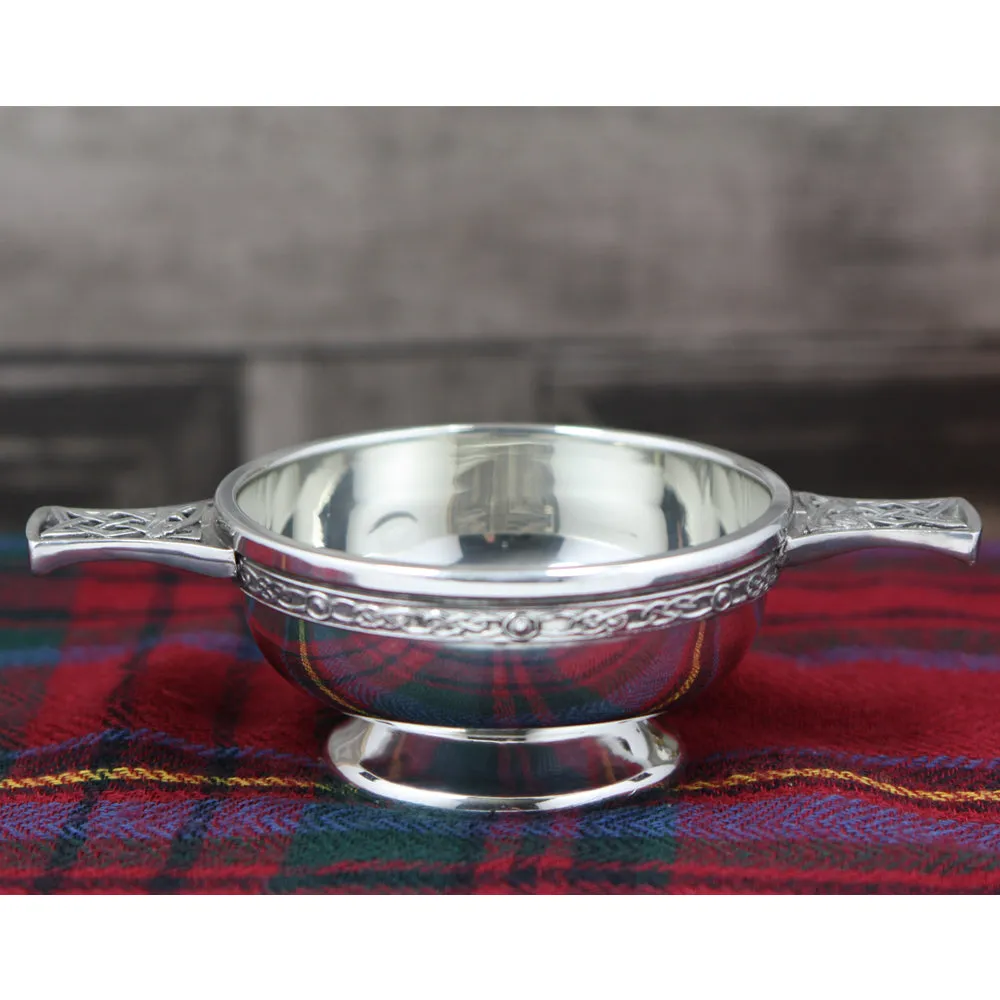 3 Inch Celtic Knot Handle Pewter Quaich Bowl with Scottish Thistle Badge