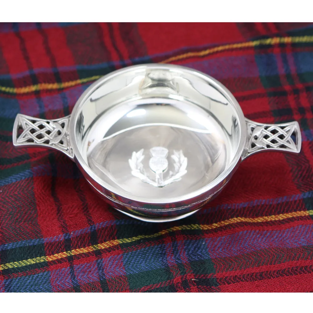 4 Inch Celtic Knot Handle Pewter Quaich Bowl with Scottish Thistle Badge