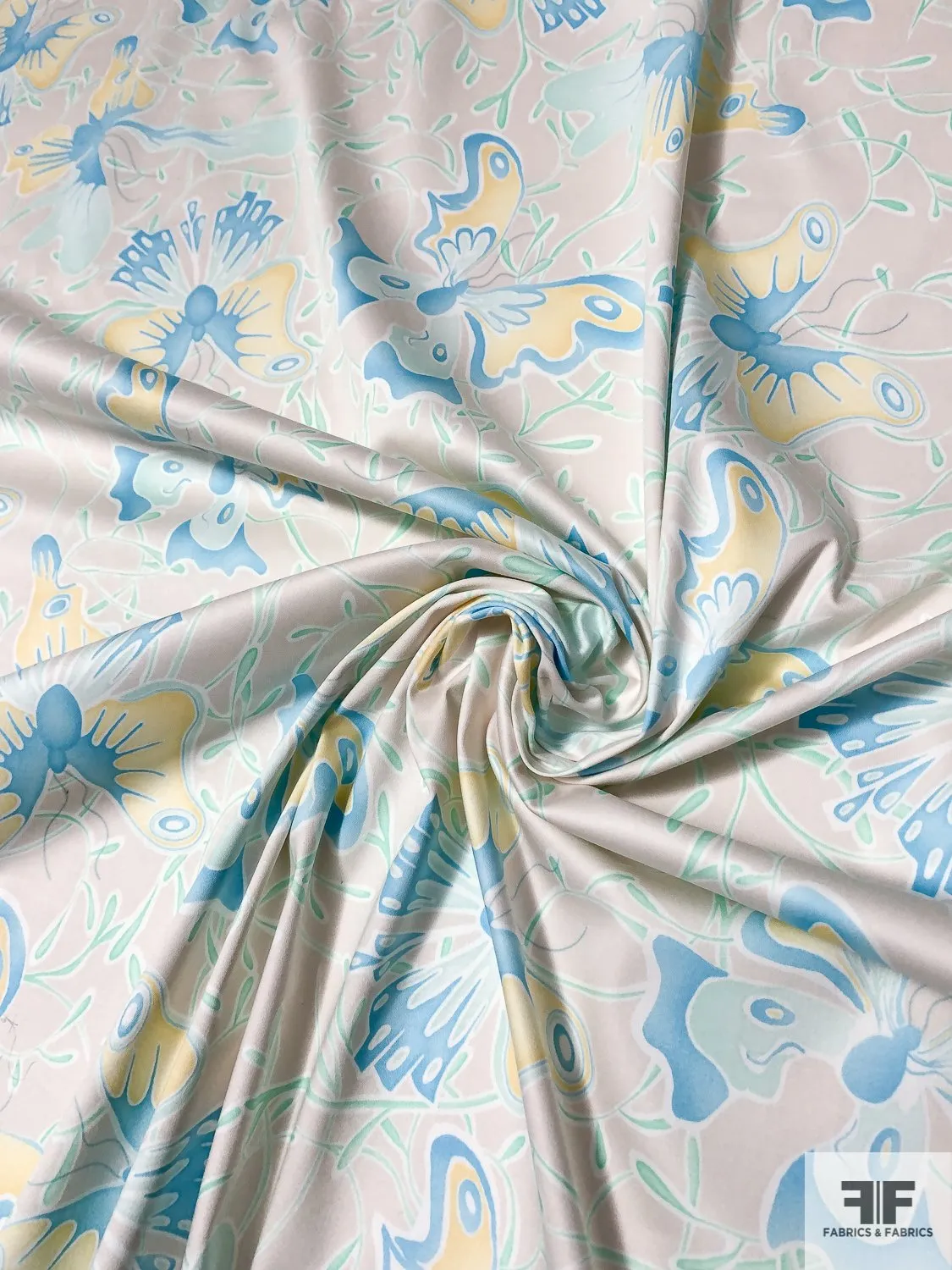 Amoeba Butterfly Printed Stretch Cotton Sateen - Seafoam / Mint / Sky Blue / Yellow / Off-White