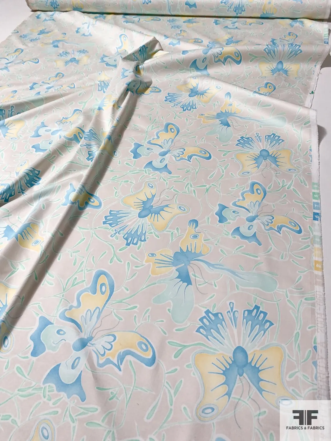 Amoeba Butterfly Printed Stretch Cotton Sateen - Seafoam / Mint / Sky Blue / Yellow / Off-White