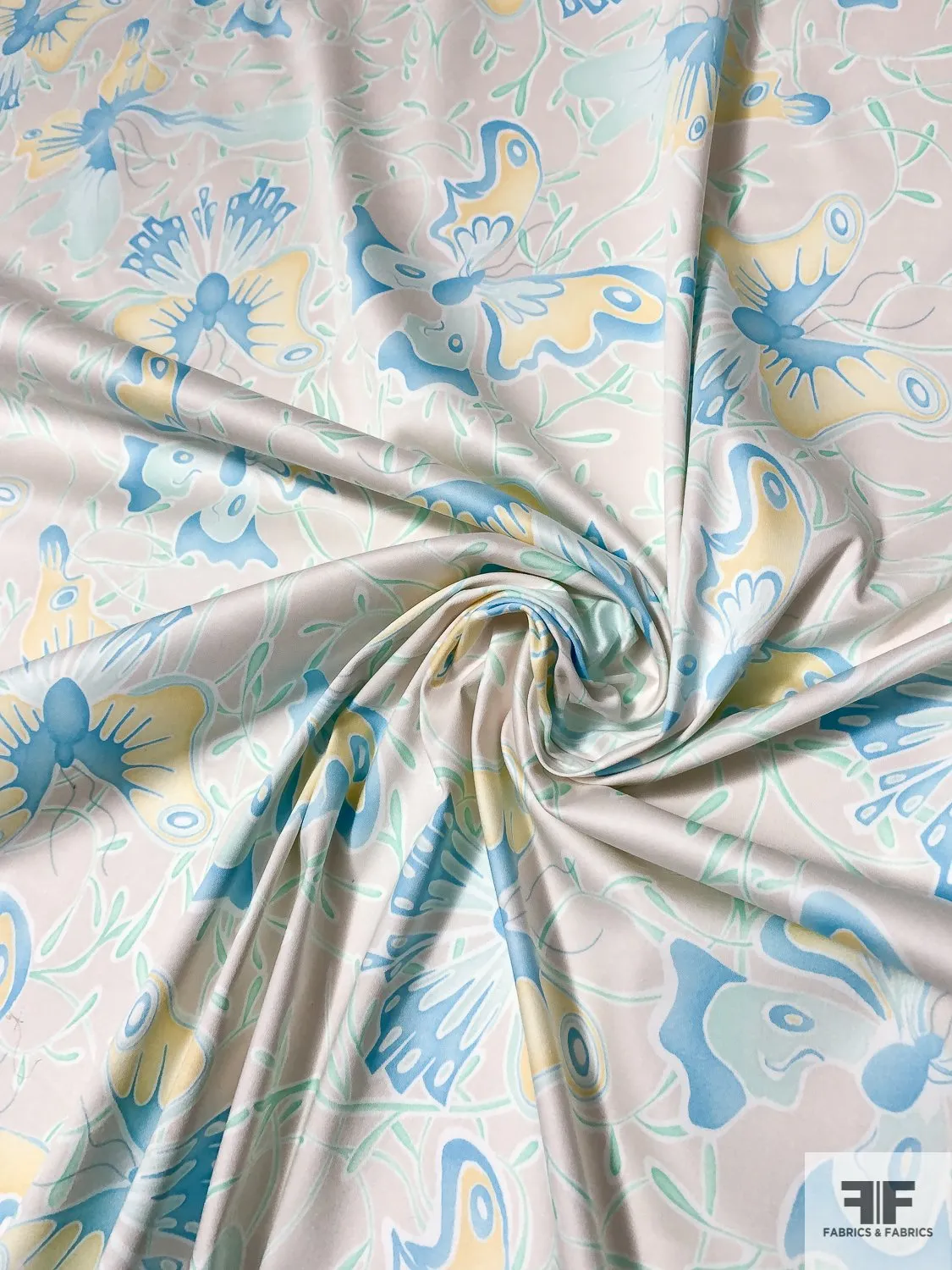 Amoeba Butterfly Printed Stretch Cotton Sateen - Seafoam / Mint / Sky Blue / Yellow / Off-White