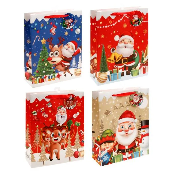 Assorted Christmas Santa Glitter Foil 210gsm Gift Bag - Medium