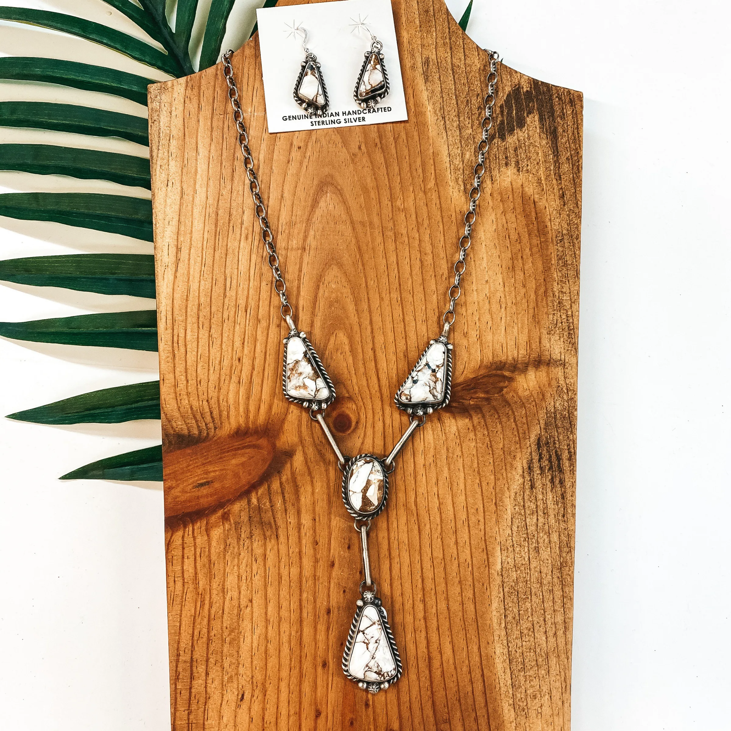 Augustine Largo | Navajo Handmade Sterling Silver & Remix White Buffalo Lariat Necklace   Matching Earrings