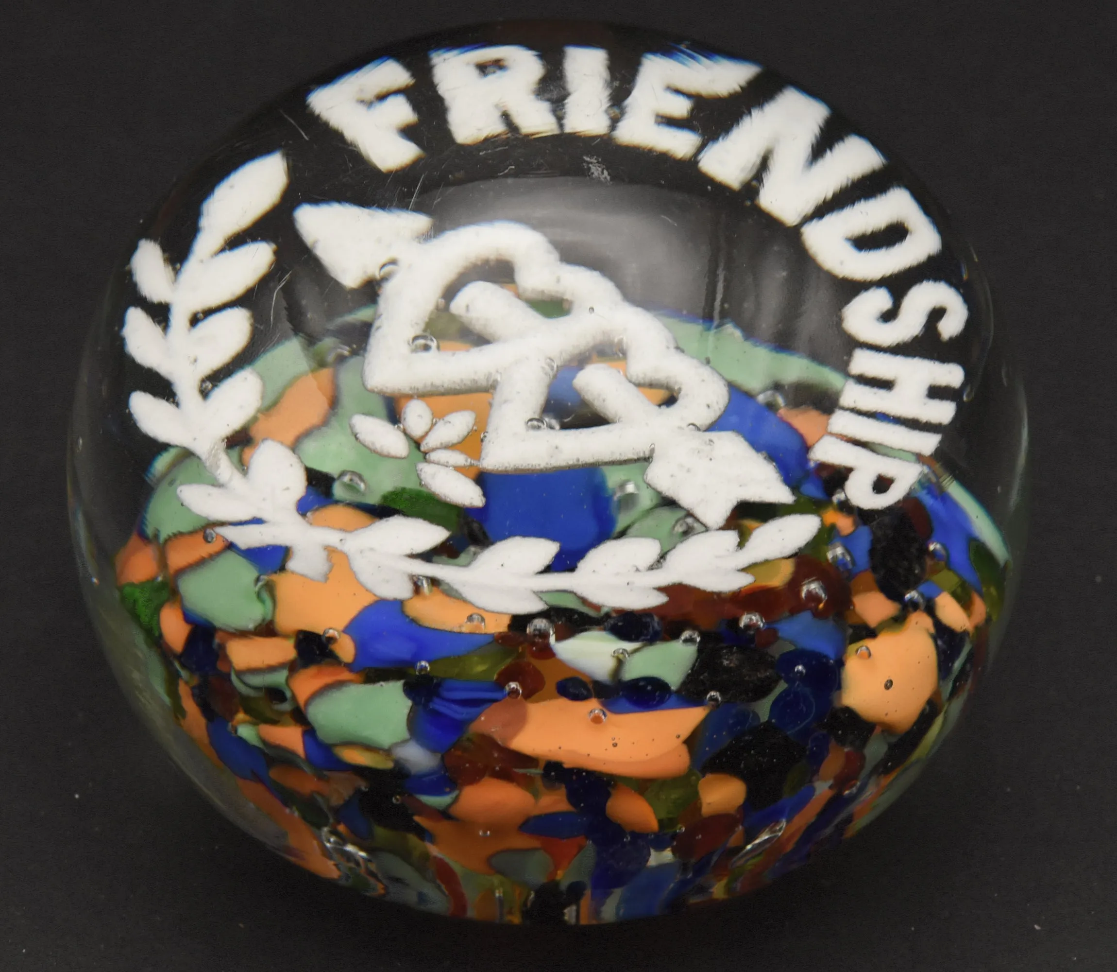 Beautiful Vintage "Friendship" Glass Paperweight