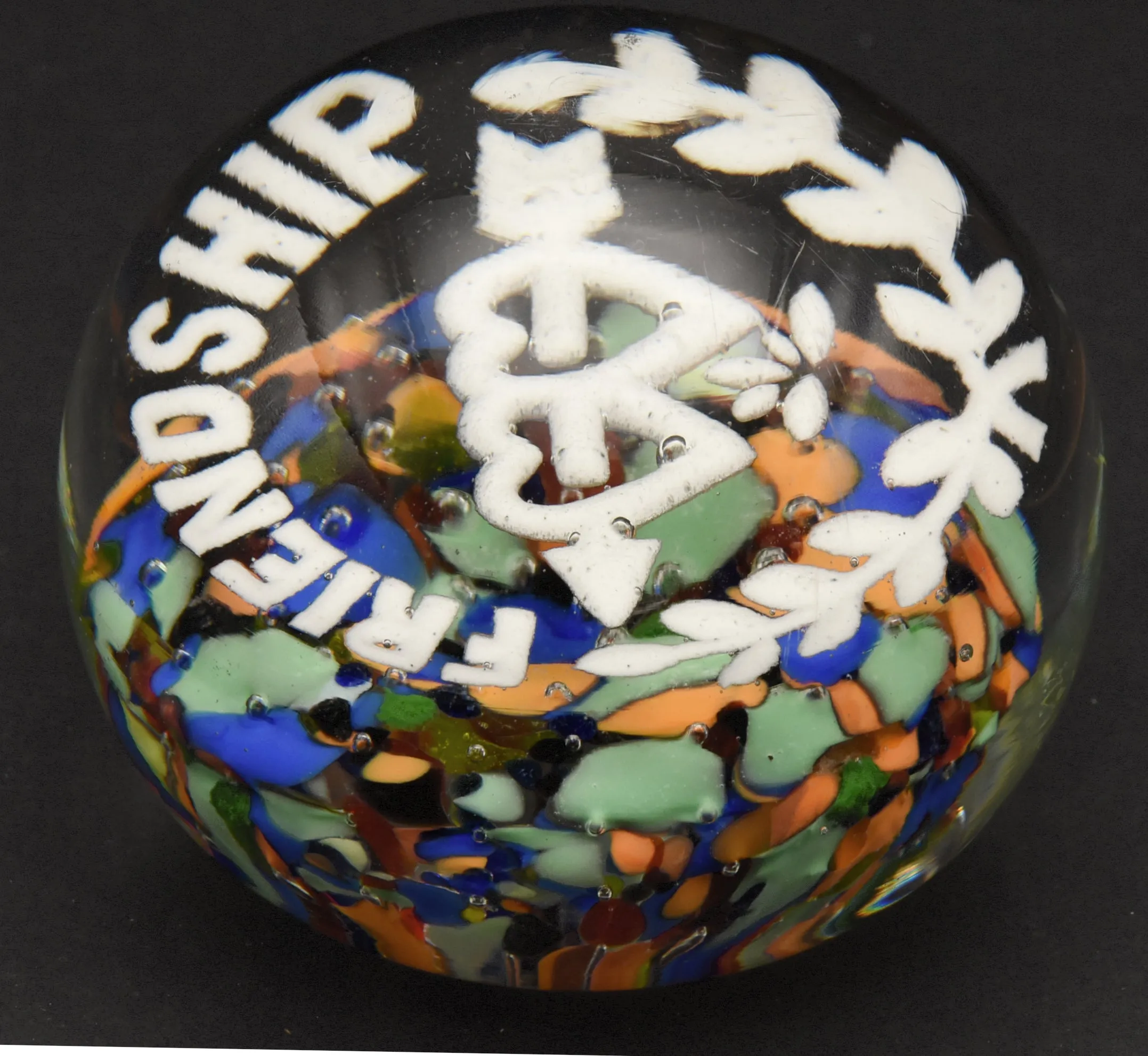 Beautiful Vintage "Friendship" Glass Paperweight