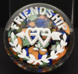 Beautiful Vintage "Friendship" Glass Paperweight