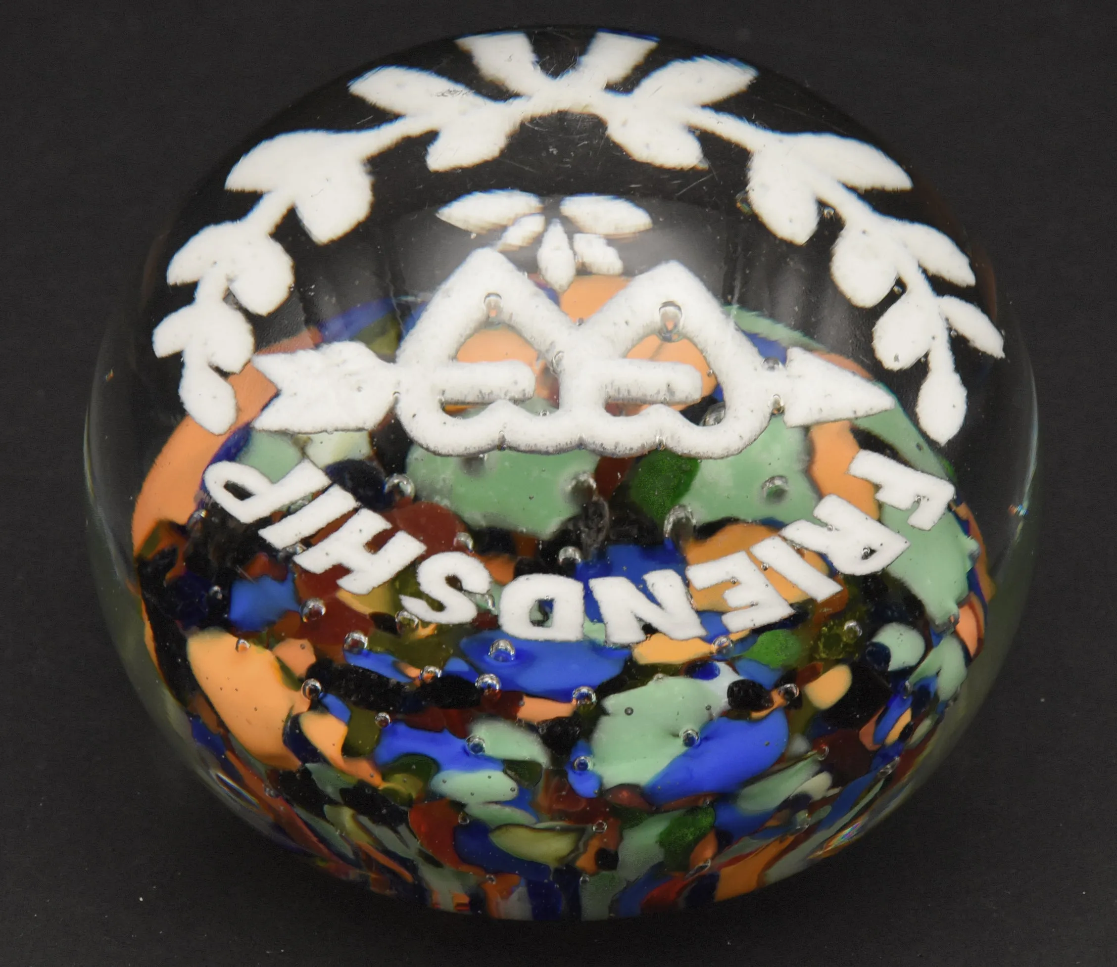 Beautiful Vintage "Friendship" Glass Paperweight