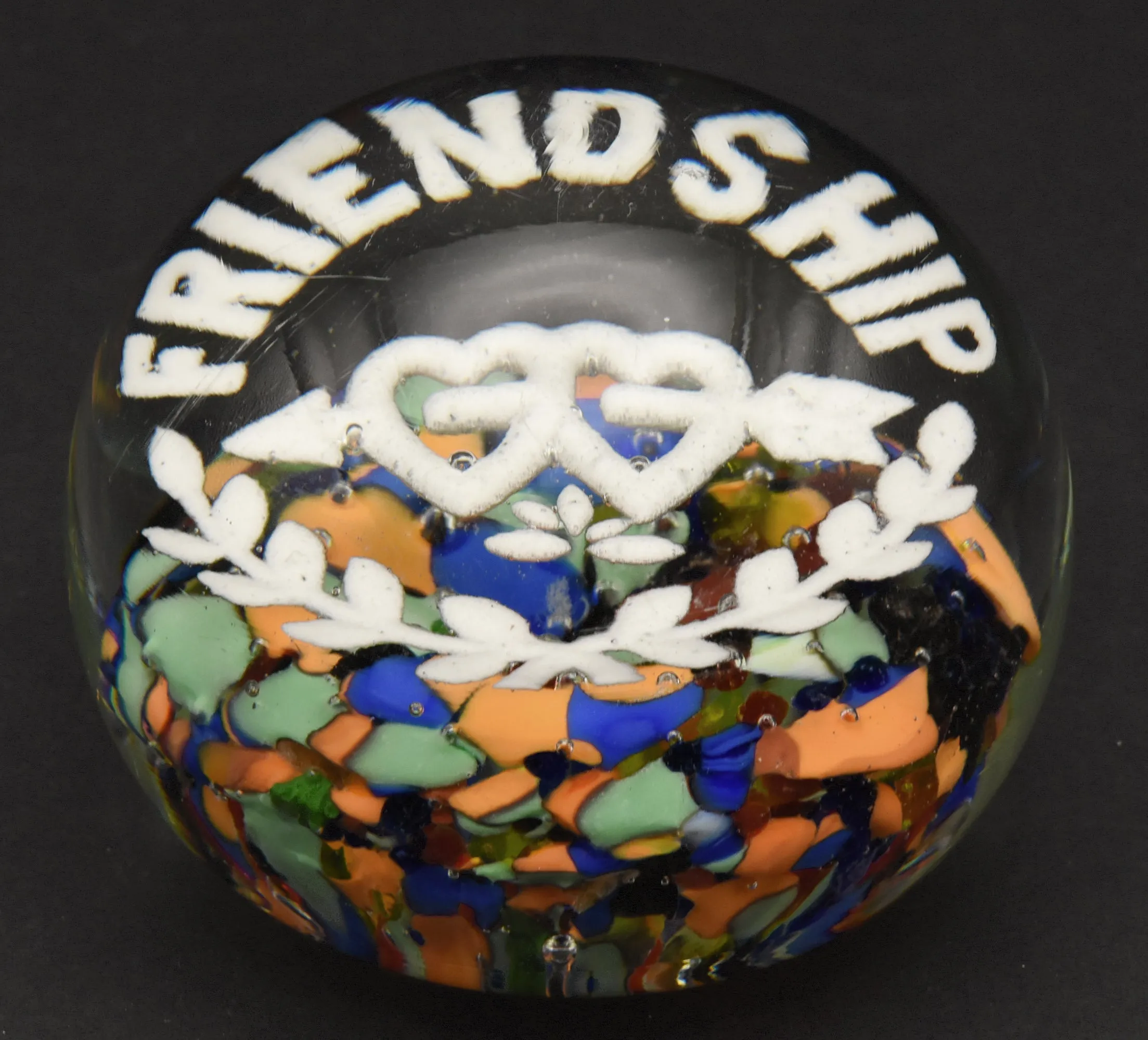 Beautiful Vintage "Friendship" Glass Paperweight