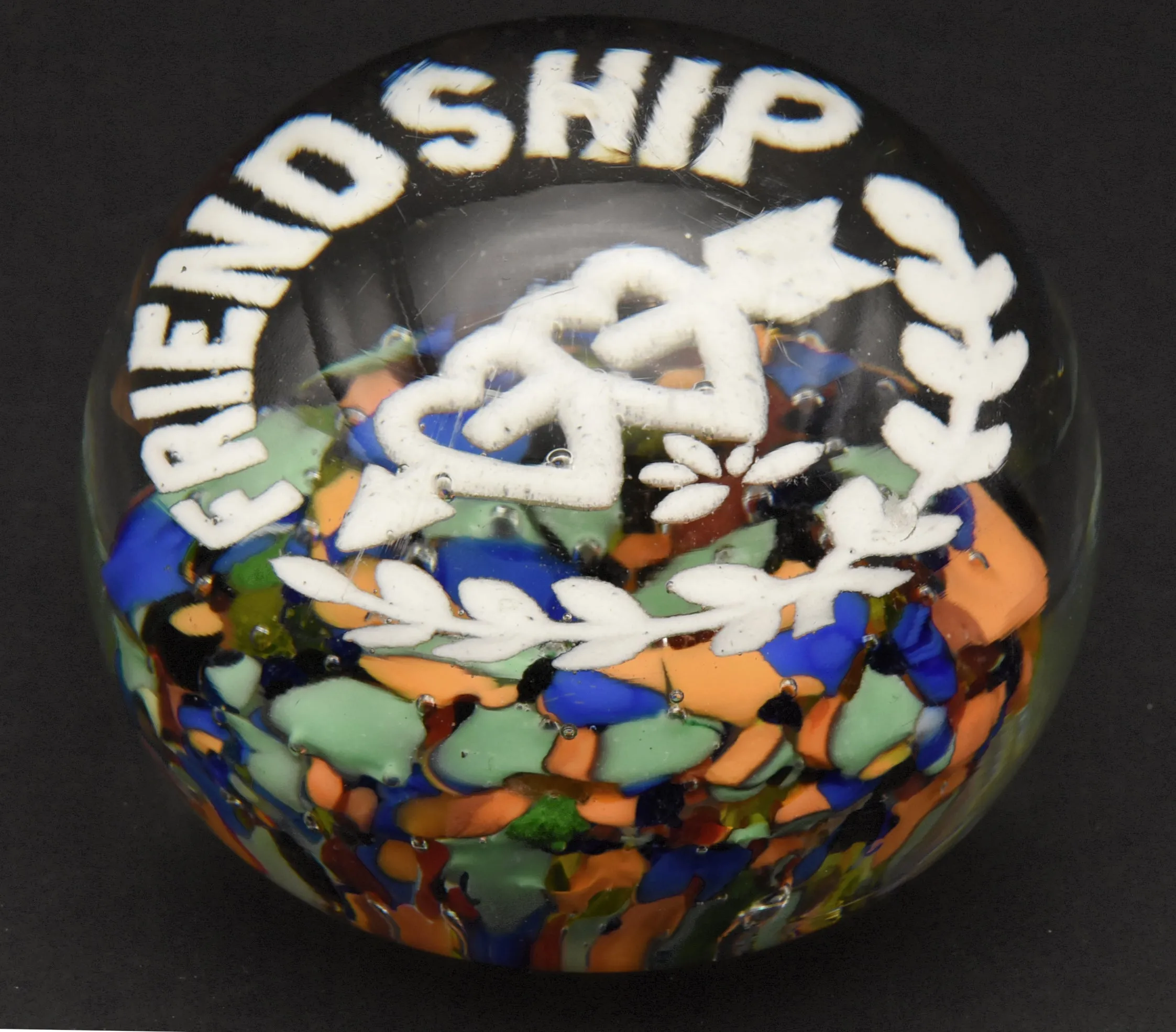 Beautiful Vintage "Friendship" Glass Paperweight