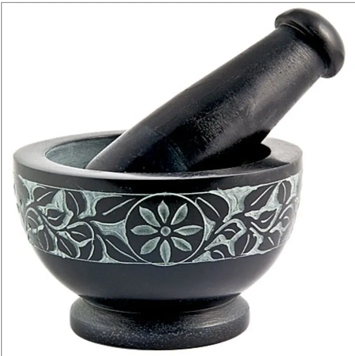 BLACK FLORAL CARVED MORTAR & PESTLE