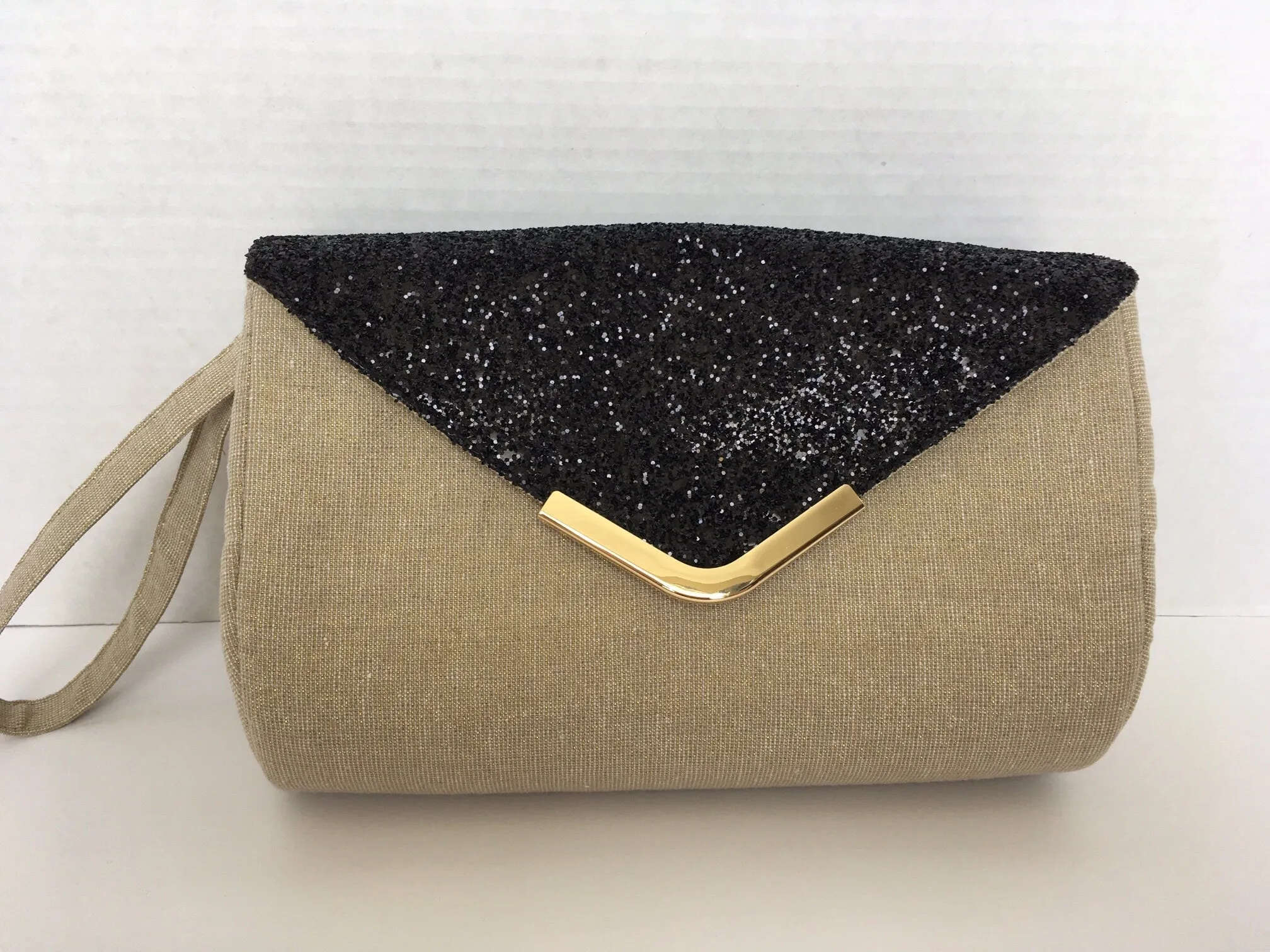 Black Glitter and Gold Metallic Linen Clutch Bag with removable wrist strap