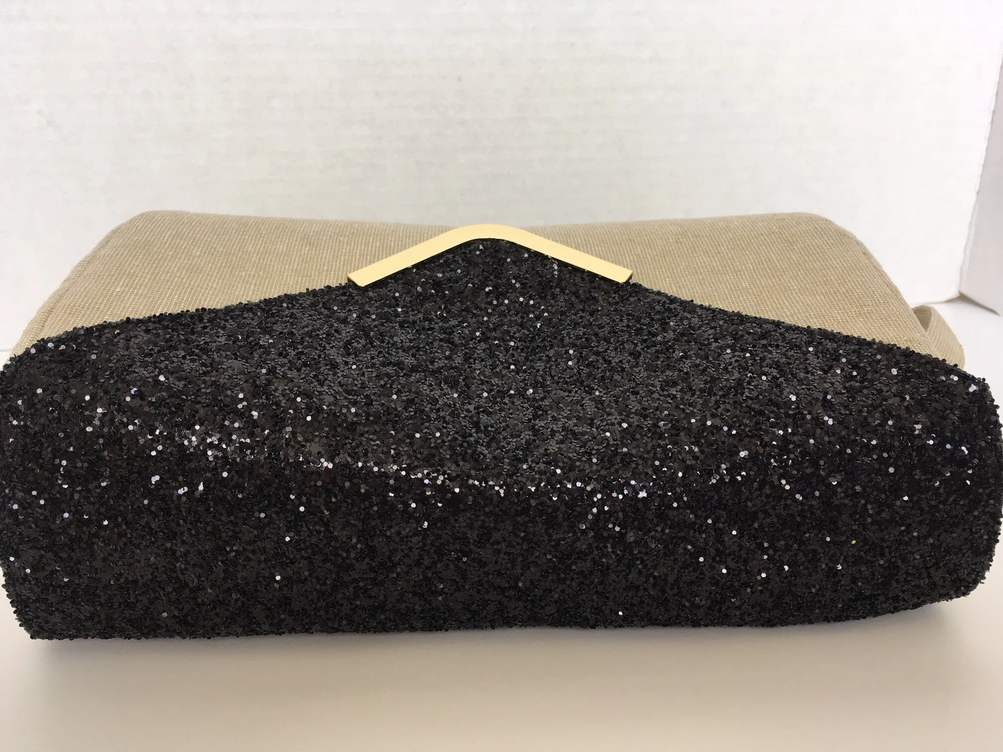 Black Glitter and Gold Metallic Linen Clutch Bag with removable wrist strap