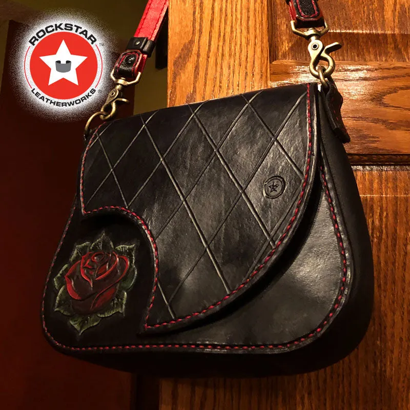 Black Quilted Rose Leather Handbag