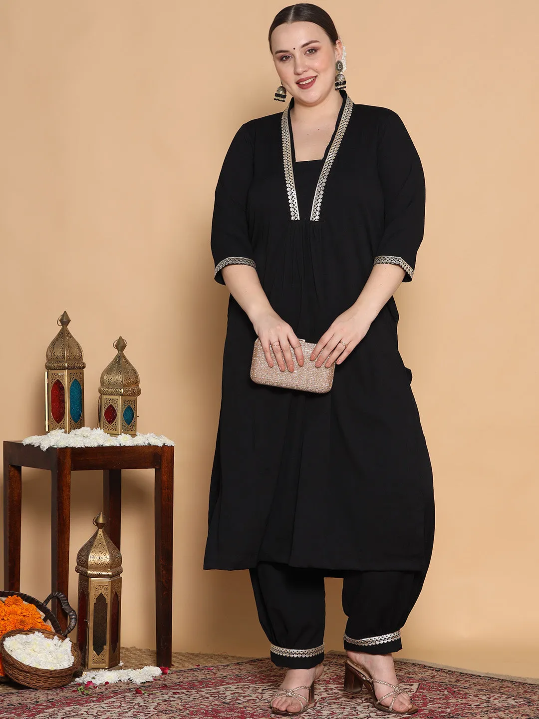 Black Textured Afghani Salwar - Embellished