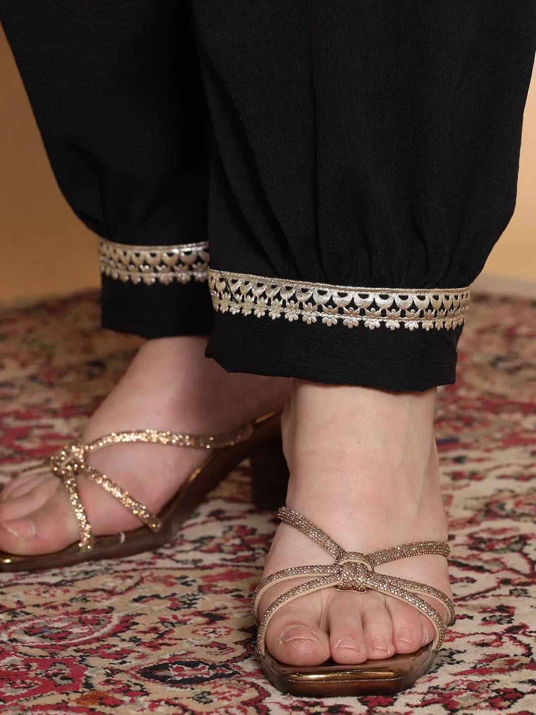 Black Textured Afghani Salwar - Embellished