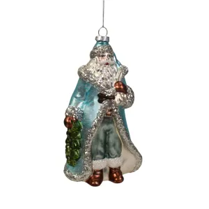 Blue Christmas Ornate Glass Santa Claus Ornament 7" x 4"  | GS