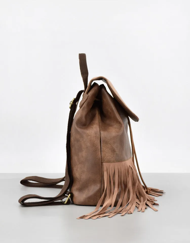 Boho Womens Fringe Backpack Bag Ladies Small Vegan Leather Rucksack