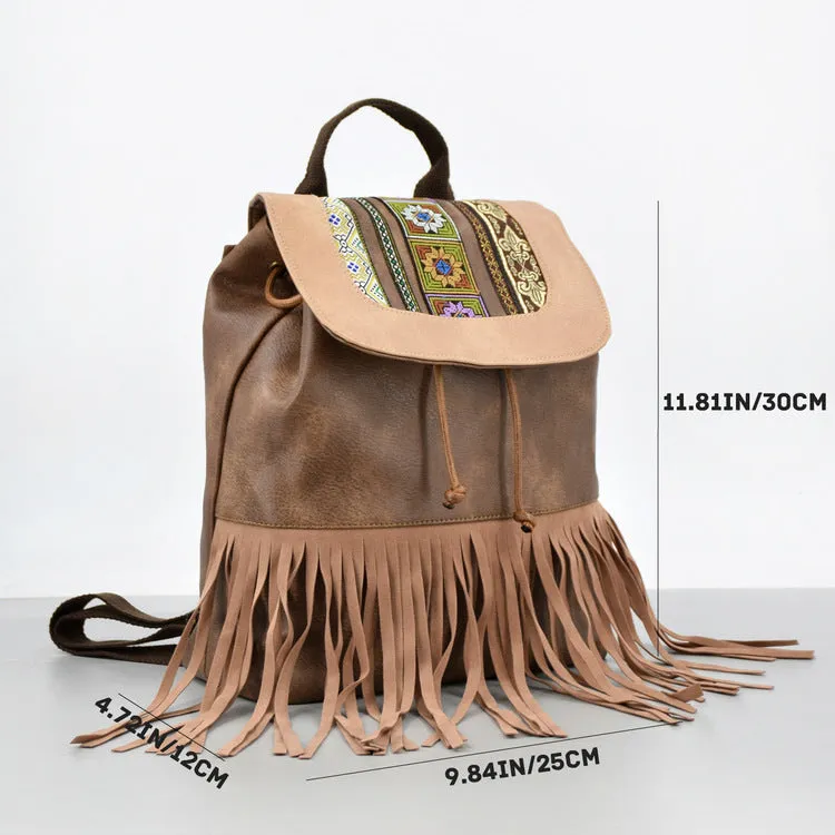 Boho Womens Fringe Backpack Bag Ladies Small Vegan Leather Rucksack