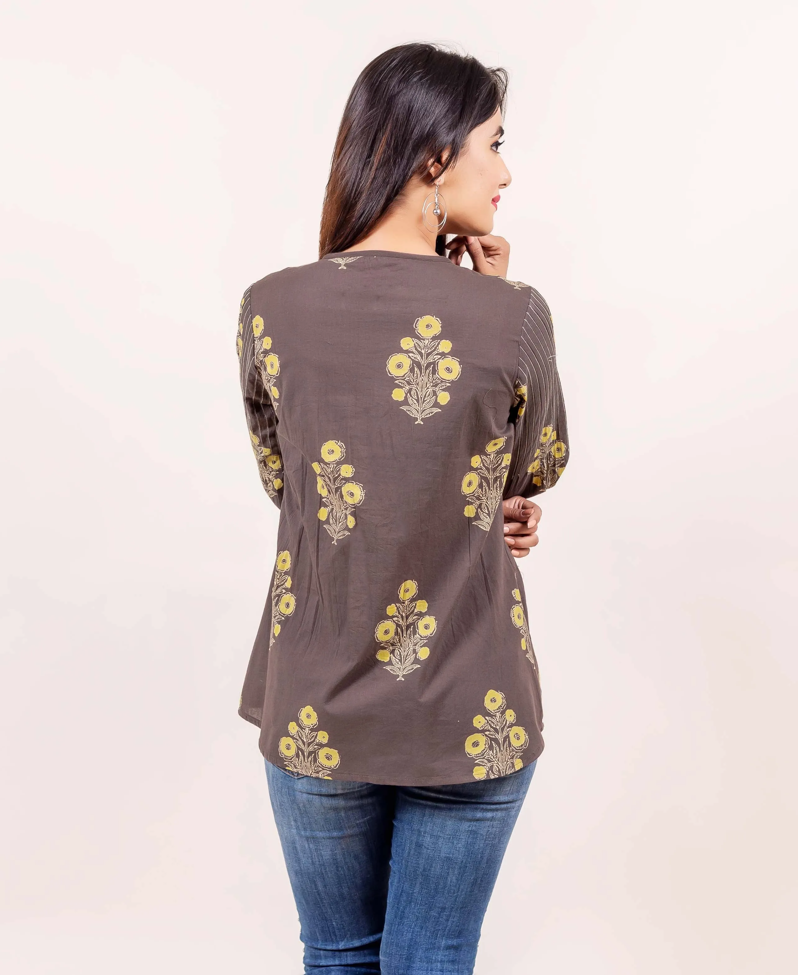 Brown Hand Block Printed Cotton Top with Stitch details