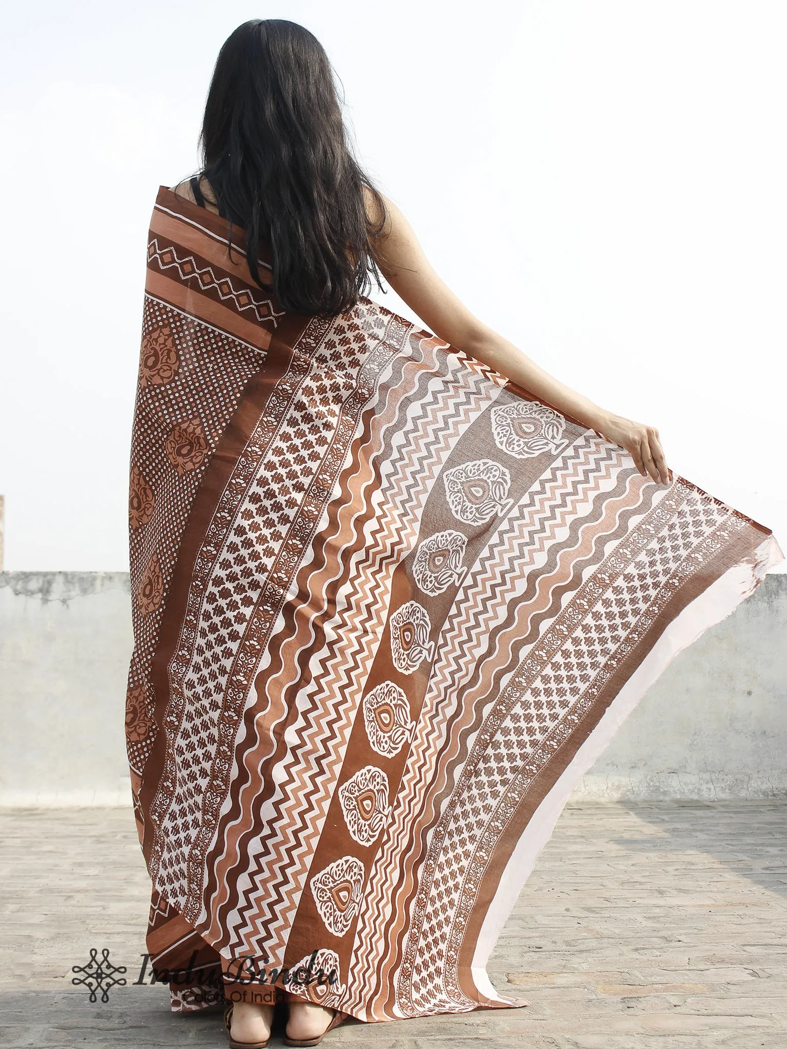 Brown Rust Ivory Hand Block Printed Cotton Saree - S031702384