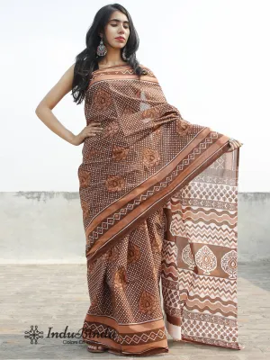 Brown Rust Ivory Hand Block Printed Cotton Saree - S031702384