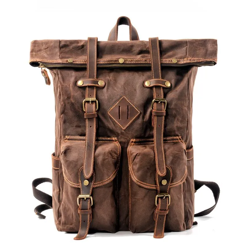 Brown Waxed Canvas Mens Waterproof Large 15'' Hiking Backpack Travel Backpack Computer Backpack for Men