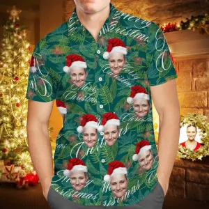 Custom Face Personalised Merry Christmas Hawaiian Shirt All Over Print Leaves