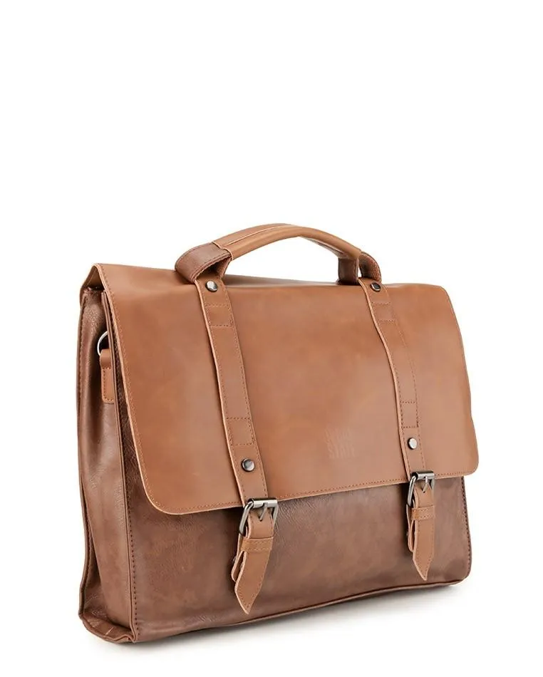 Distressed Leather Compact Office Bag - Camel