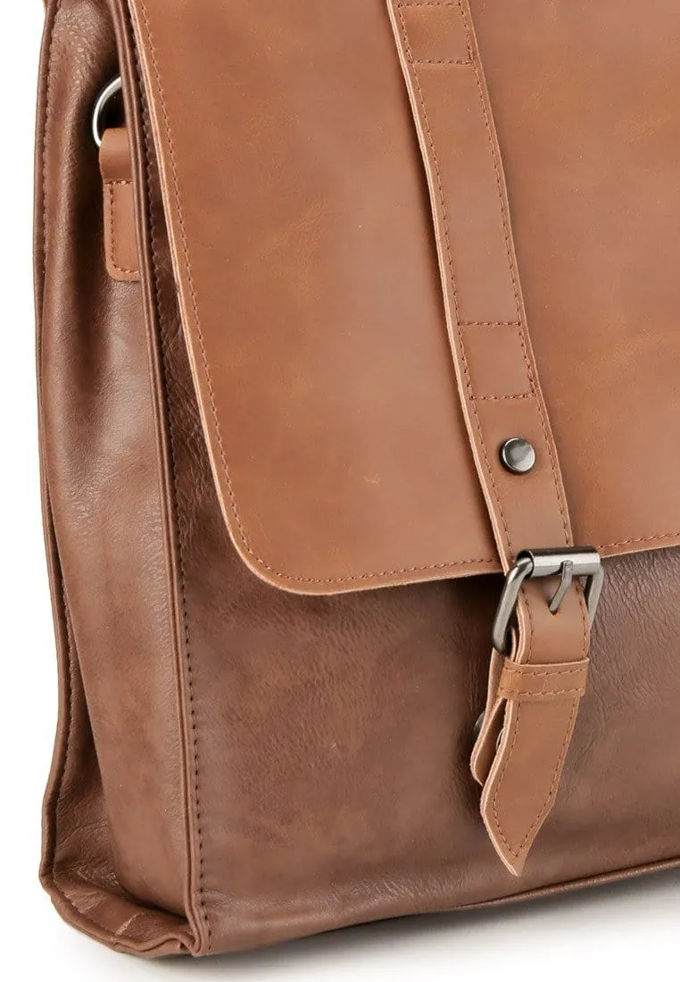 Distressed Leather Compact Office Bag - Camel