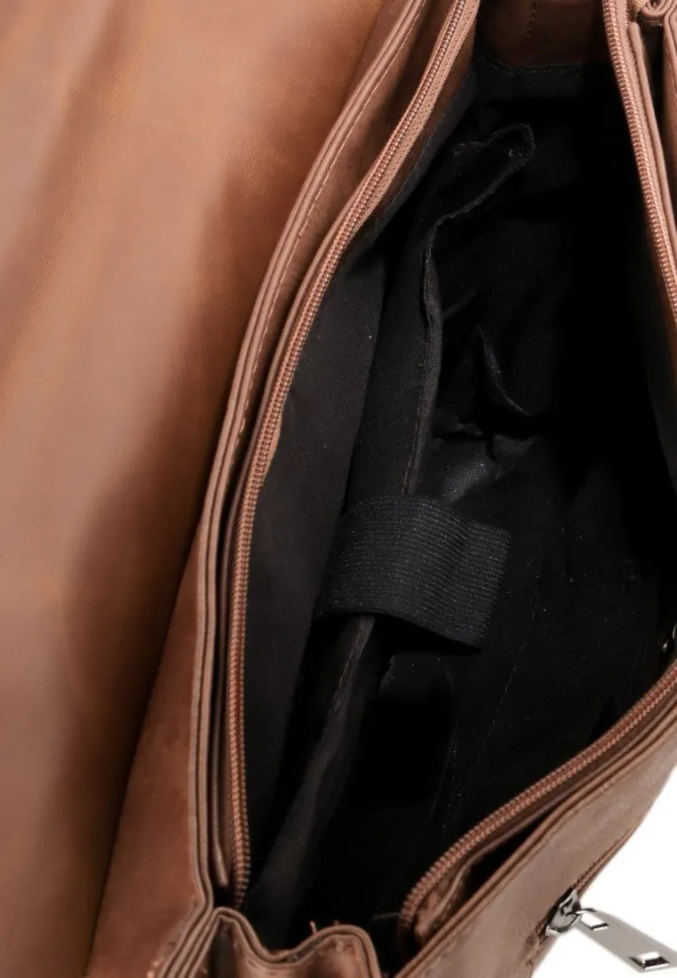 Distressed Leather Compact Office Bag - Camel