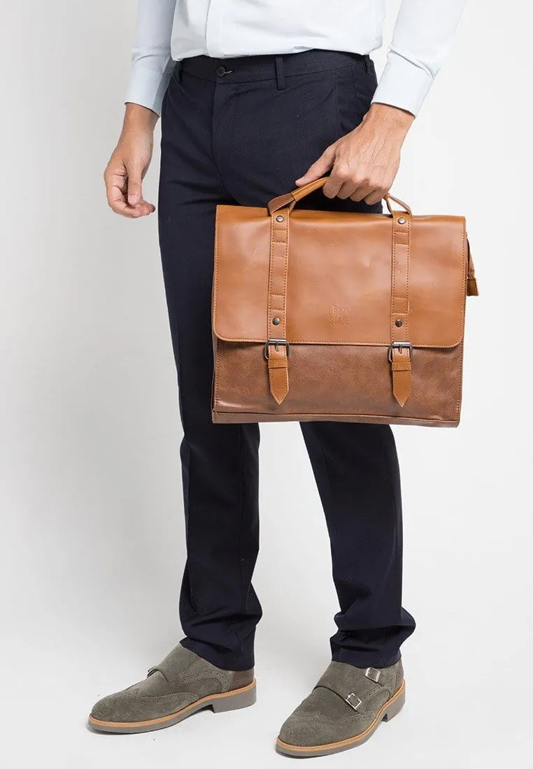 Distressed Leather Compact Office Bag - Camel