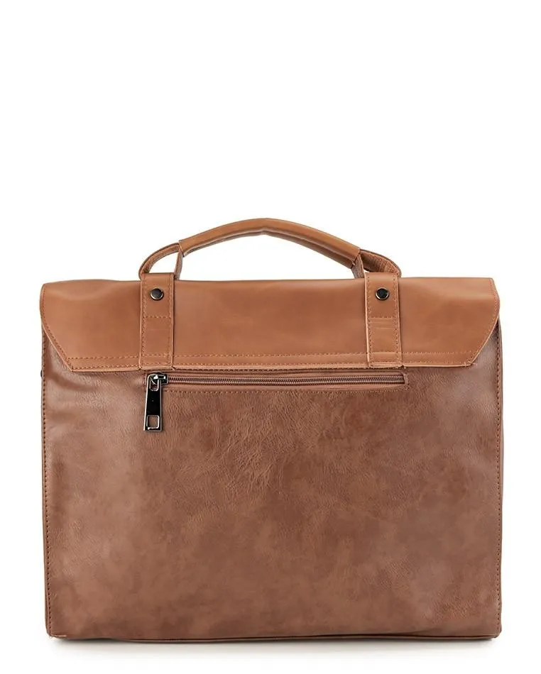 Distressed Leather Compact Office Bag - Camel