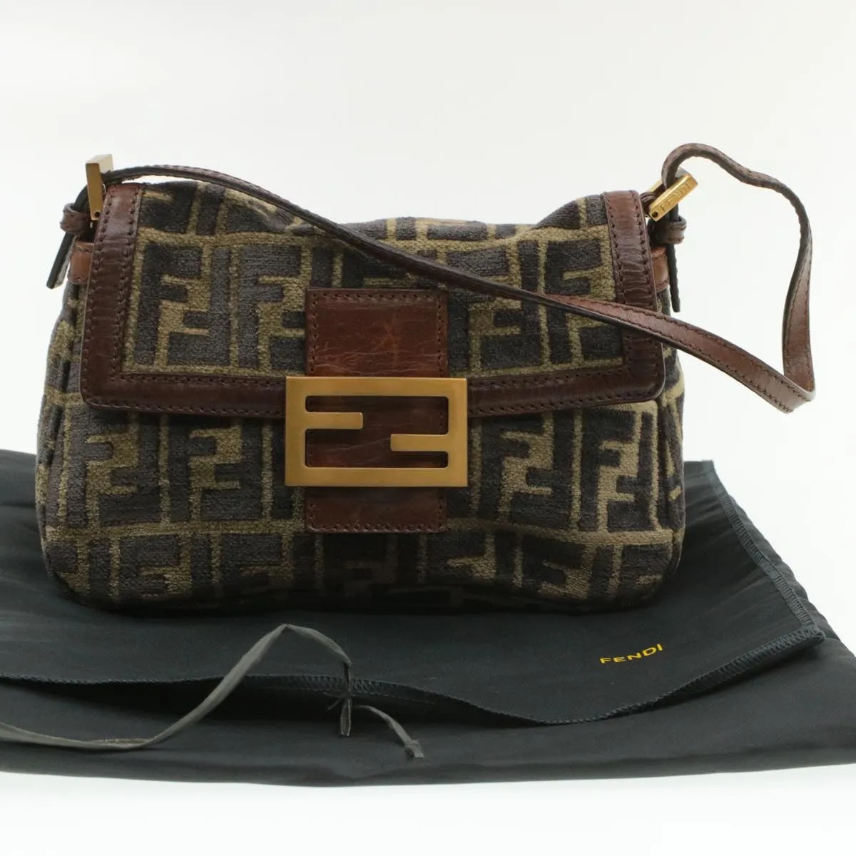 FENDI Mamma Baguette Zucca Canvas Shoulder Bag freeze Black Brown Auth am154b