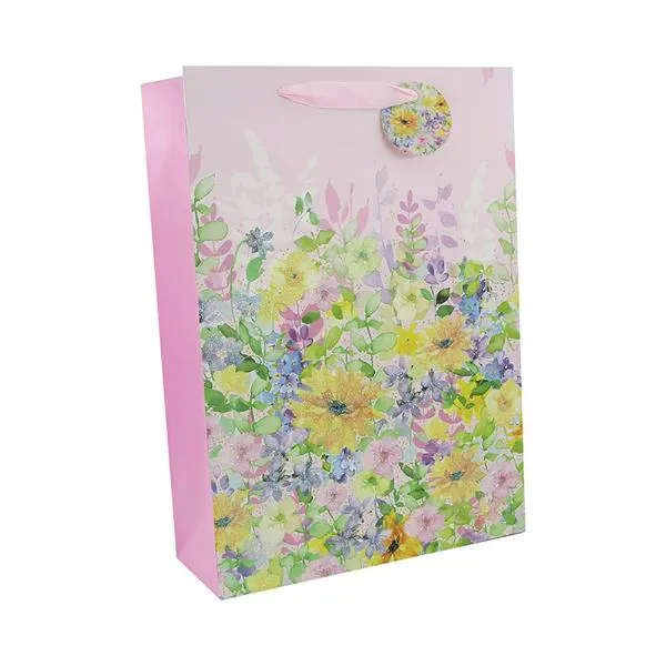 Floral Pink Glitter Gift Bag - 30cm x 42cm x 12cm