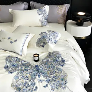 Flytonn-Satin Silk Cotton Luxury Bedding Set Butterfly Flowers Embroidery Soft Silky Brocade Duvet Cover Set Bed Sheet Pillowcases 4Pcs