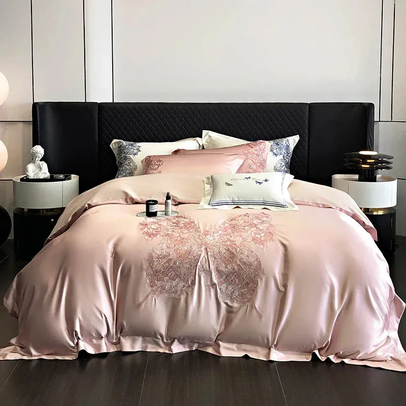 Flytonn-Satin Silk Cotton Luxury Bedding Set Butterfly Flowers Embroidery Soft Silky Brocade Duvet Cover Set Bed Sheet Pillowcases 4Pcs