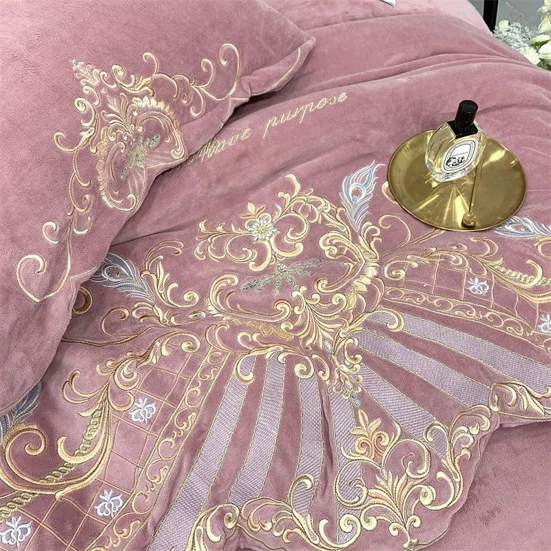 Flytonn-Super Soft Velvet Fleece Bedding Set, Luxury Gold Embroidery, Plush Quilt Cover, Comforter Cover, Bed Sheet, Pillowcases