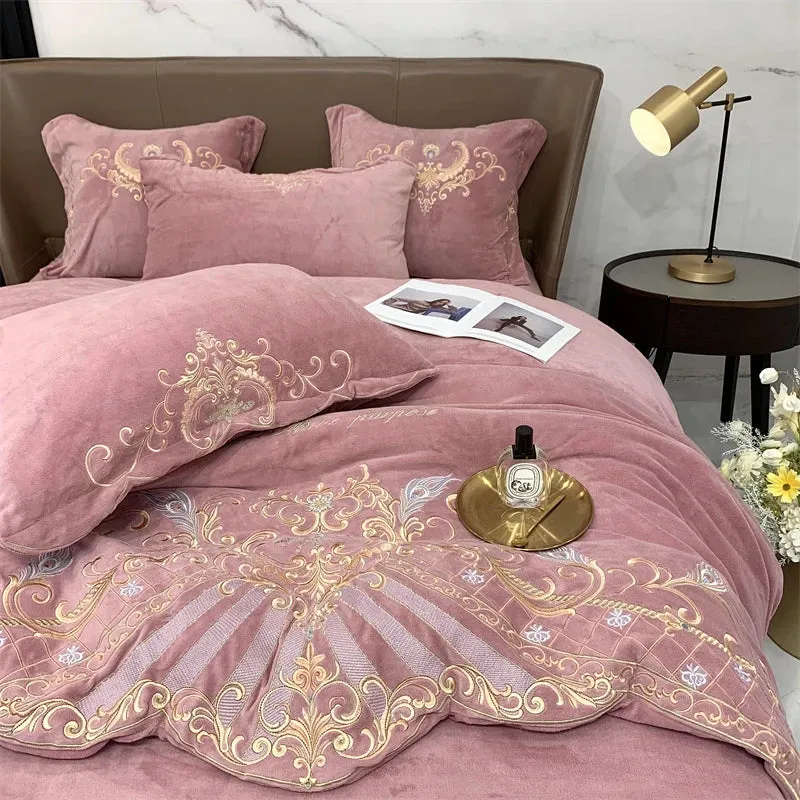 Flytonn-Super Soft Velvet Fleece Bedding Set, Luxury Gold Embroidery, Plush Quilt Cover, Comforter Cover, Bed Sheet, Pillowcases