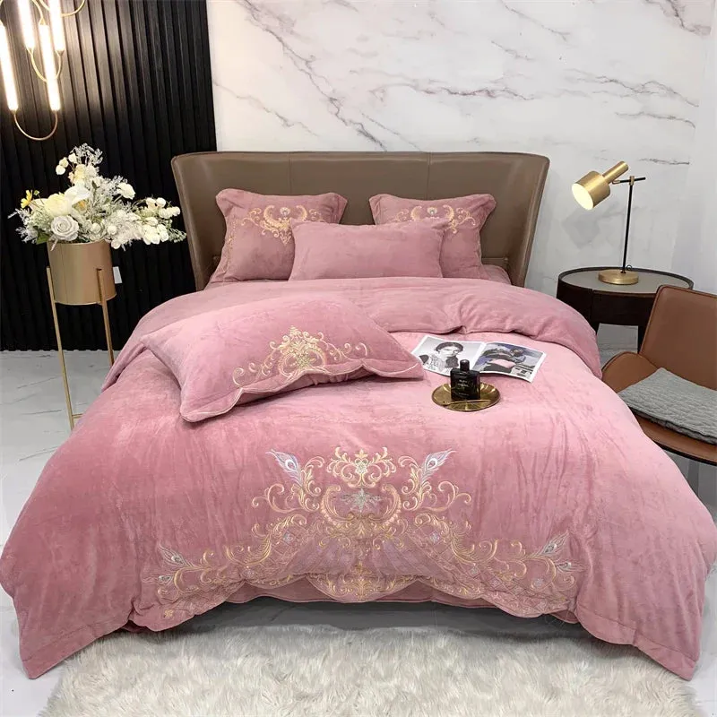 Flytonn-Super Soft Velvet Fleece Bedding Set, Luxury Gold Embroidery, Plush Quilt Cover, Comforter Cover, Bed Sheet, Pillowcases