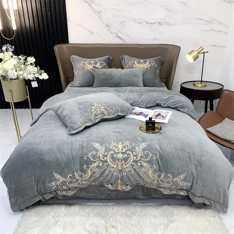 Flytonn-Super Soft Velvet Fleece Bedding Set, Luxury Gold Embroidery, Plush Quilt Cover, Comforter Cover, Bed Sheet, Pillowcases