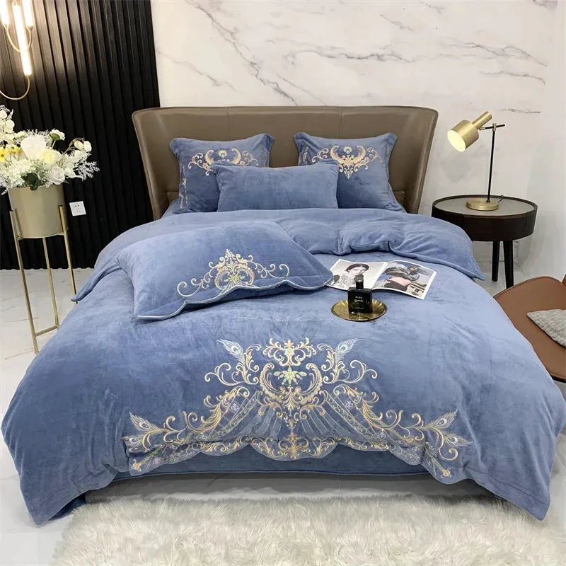 Flytonn-Super Soft Velvet Fleece Bedding Set, Luxury Gold Embroidery, Plush Quilt Cover, Comforter Cover, Bed Sheet, Pillowcases