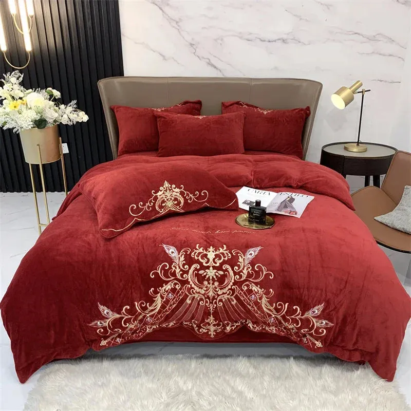 Flytonn-Super Soft Velvet Fleece Bedding Set, Luxury Gold Embroidery, Plush Quilt Cover, Comforter Cover, Bed Sheet, Pillowcases