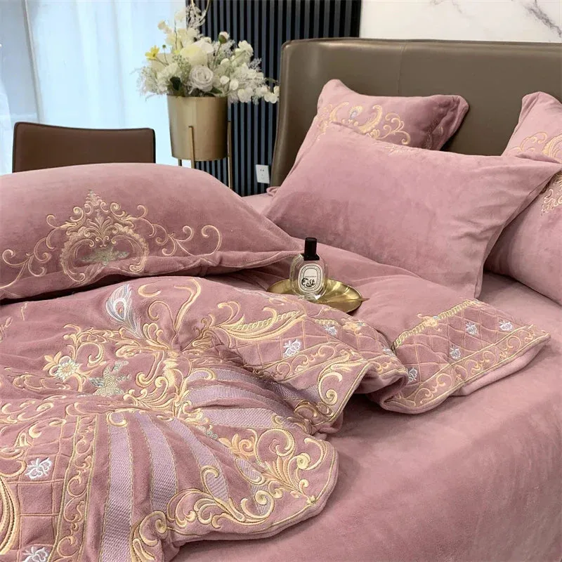 Flytonn-Super Soft Velvet Fleece Bedding Set, Luxury Gold Embroidery, Plush Quilt Cover, Comforter Cover, Bed Sheet, Pillowcases