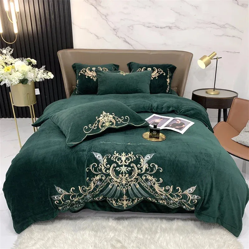 Flytonn-Super Soft Velvet Fleece Bedding Set, Luxury Gold Embroidery, Plush Quilt Cover, Comforter Cover, Bed Sheet, Pillowcases