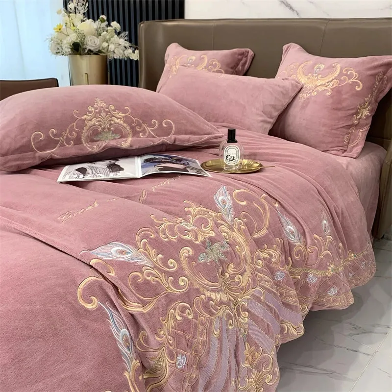 Flytonn-Super Soft Velvet Fleece Bedding Set, Luxury Gold Embroidery, Plush Quilt Cover, Comforter Cover, Bed Sheet, Pillowcases