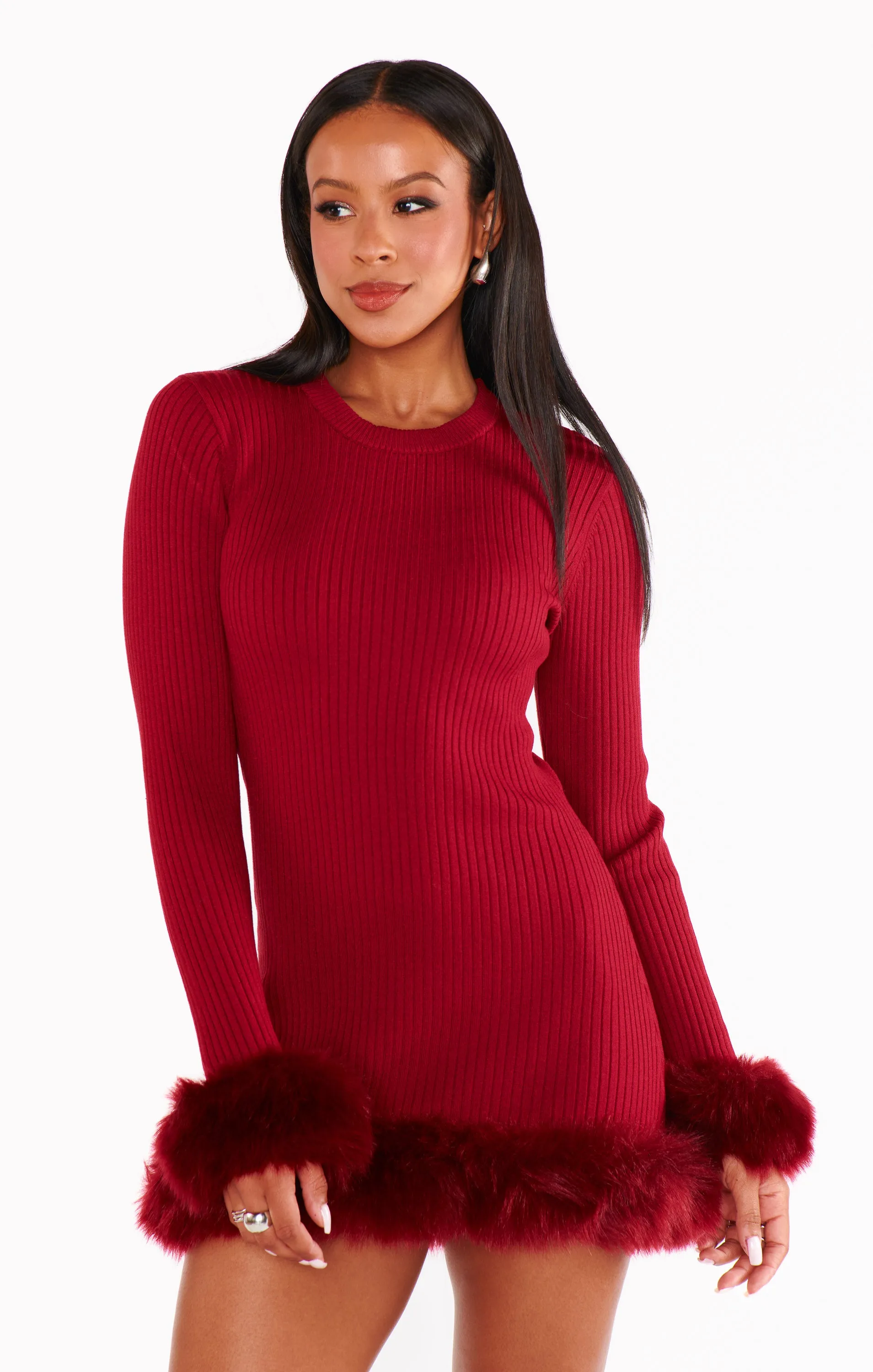 Fran Mini Dress ~ Cranberry Rib with Faux Fur